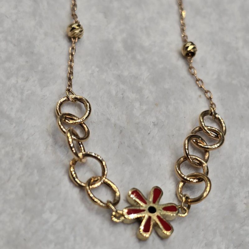 دستبند طلا زنجیری گل قرمز